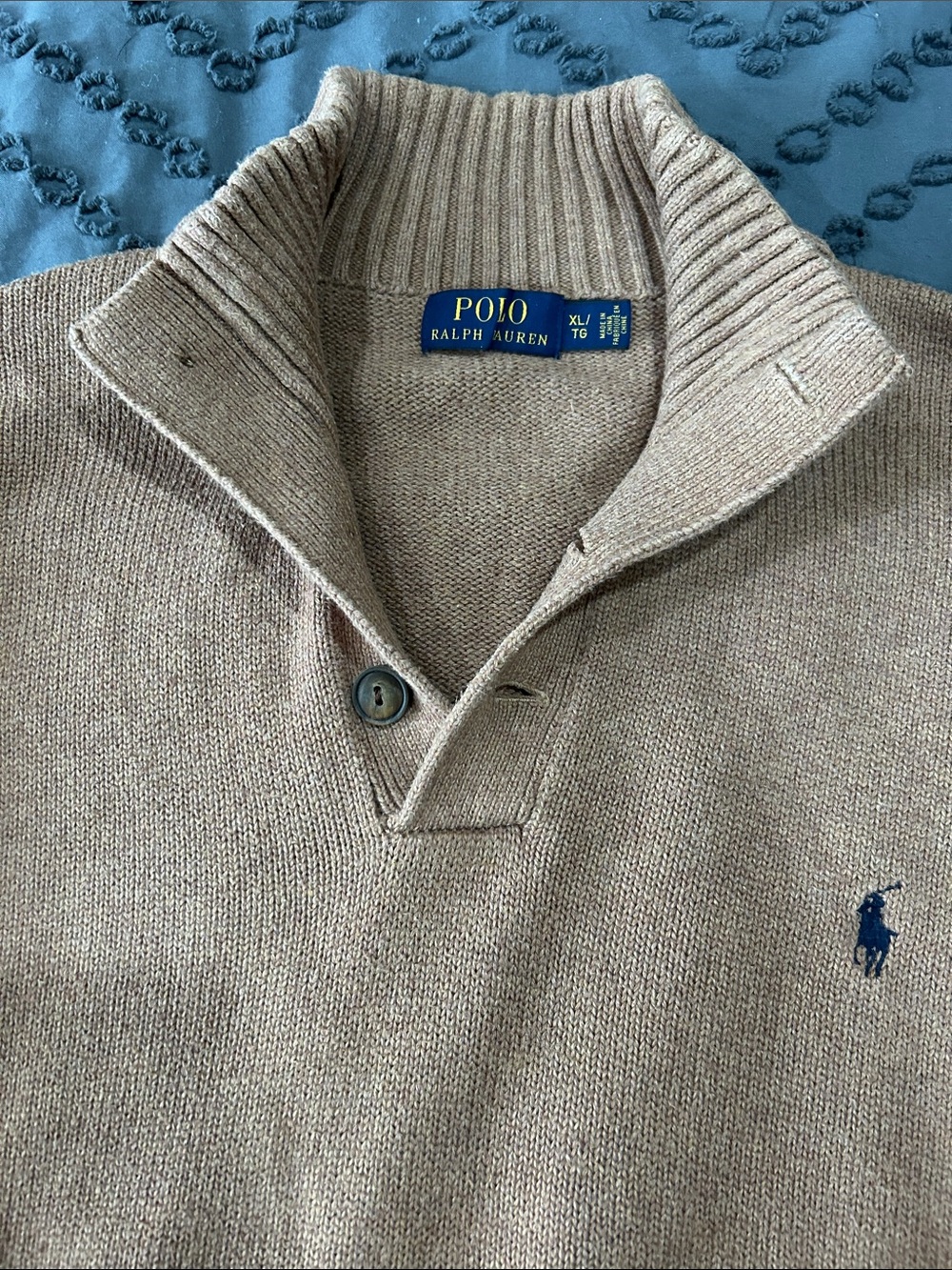Polo by Ralph Lauren Men’s Tan Shawl Collar Sweater with Navy Logo